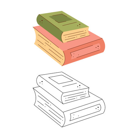 Two books stacked on top of each other. Black and white and color clipart vector illustration.のイラスト素材