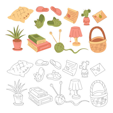 Cozy home set. Black and white and color clipart vector illustration.のイラスト素材