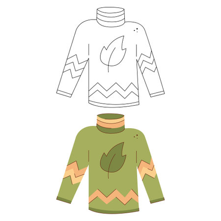 Warm sweater with zigzag pattern and leaf. Black and white and color clipart vector illustration.のイラスト素材
