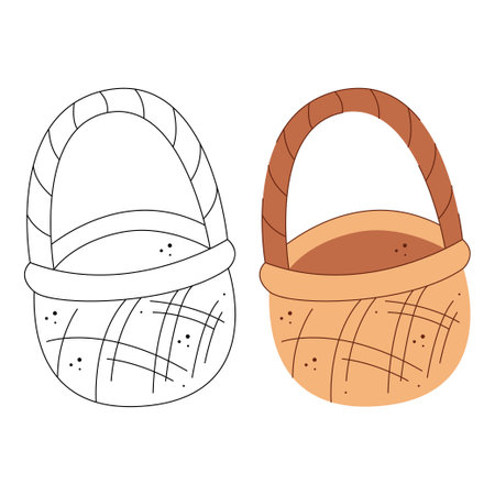 Doodle beige basket. Black and white and color clipart vector illustration.のイラスト素材