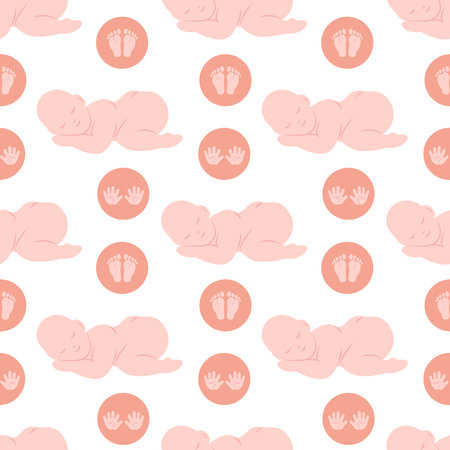 Seamless pattern with a sleeping baby and hand and foot prints in circles. Flat color vector illustration.のイラスト素材