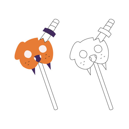 Small set with two scary carnival masks like a werewolf head with knife. Color, black and white flat vector illustration.のイラスト素材