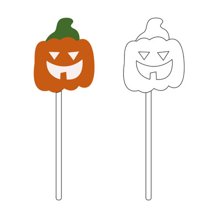 Small set with two scary carnival masks like a pumpkin. Color, black and white flat vector illustration.のイラスト素材