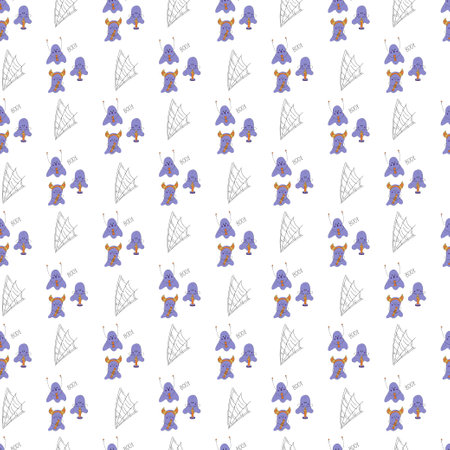 Seamless pattern with three cute Halloween characters ghosts with phrase boo and spiderweb. Color vector flat illustration.のイラスト素材
