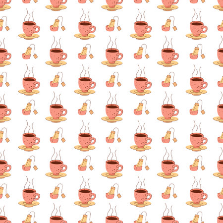 Seamless pattern with a cup of hot tea and a tea bag. Vector flat illustration suitable for wrapping paper.のイラスト素材