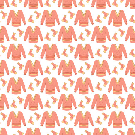 Seamless pattern with warm winter sweaters and socks in pink. Vector flat color illustration.のイラスト素材