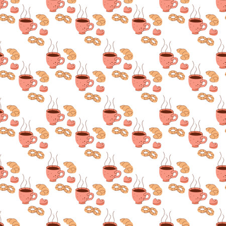 Seamless pattern with a cup of hot tea, cookies and candies. Vector flat illustration suitable for wrapping paper.のイラスト素材