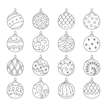 A set of Christmas balls with different abstract patterns. Doodle vector black and white clipart illustration.のイラスト素材