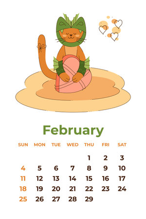 February 2024. Calendar sheet with a cute cat in a dragon costume holding a gift for February 14th. Cartoon vector illustration.のイラスト素材