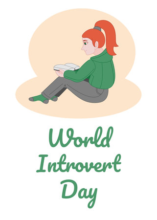 Poster for World Introvert Day with a girl reading a book. Flat color vector illustration.のイラスト素材