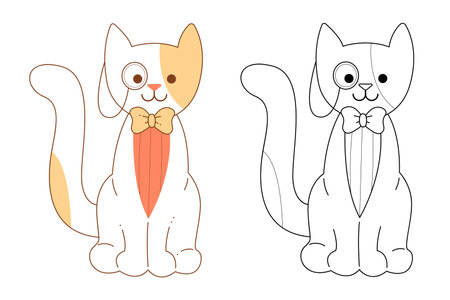 Cute cat character with monocle and bow tie. Flat color and black and white vector illustration.のイラスト素材