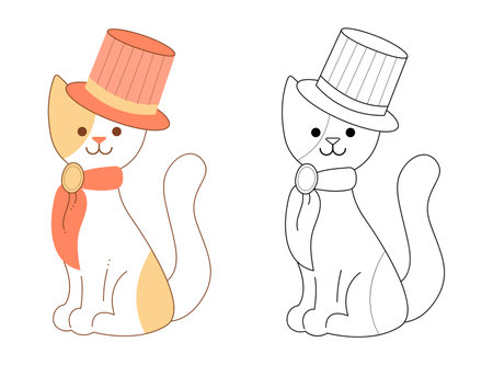 Cute cat character with top hat and neckerchief. Flat color and black and white vector illustration.のイラスト素材