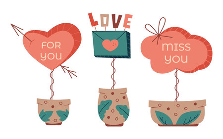 A set of pots with a cloud, a heart and an envelope for Valentine's Day. Flat color vector illustration.のイラスト素材