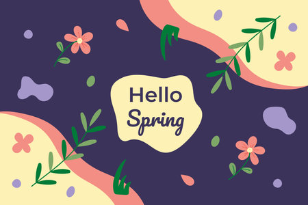 Hello spring background. Includes flowers, leaves, branches, text and abstract shapes. Flat color vector illustration.のイラスト素材