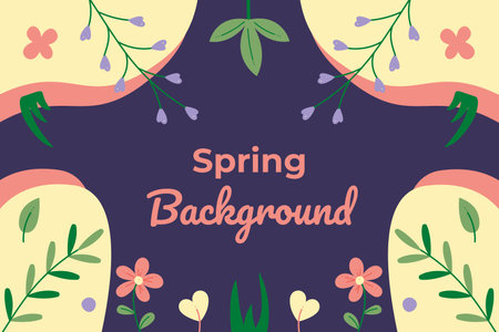 Spring background. Includes flowers, leaves, branches, text and abstract shapes. Flat color vector illustration.のイラスト素材