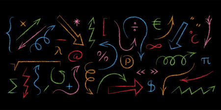 Group of chalk arrows. Hand drawn arrows, punctuation marks, mathematical symbols. Doodle vector illustration.のイラスト素材