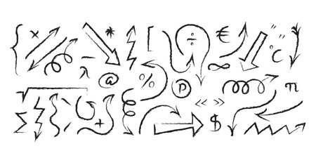 Group of charcoal arrows. Hand drawn arrows, punctuation marks, mathematical symbols. Doodle vector illustration.のイラスト素材