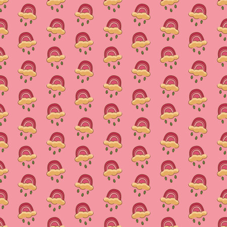 Seamless pattern with rainbows and raindrops. Cartoon doodle illustration.のイラスト素材