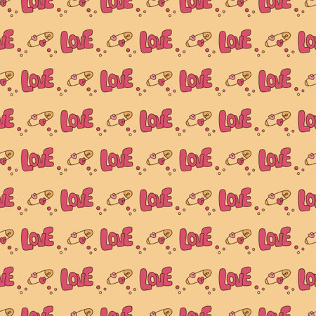 Seamless pattern with cute y2k safety pin and text. Cartoon doodle vector illustration.のイラスト素材