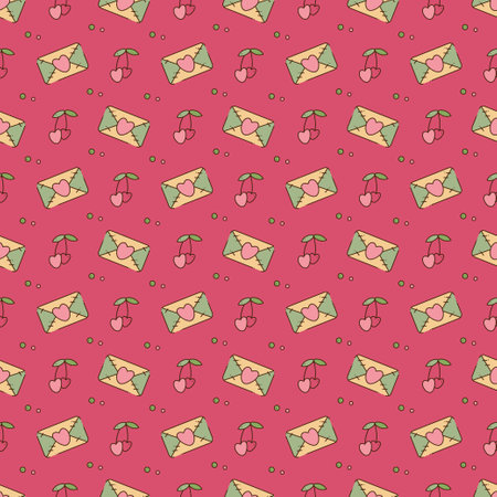 Seamless pattern with cute y2k envelope and cherry. Cartoon doodle vector illustration.のイラスト素材