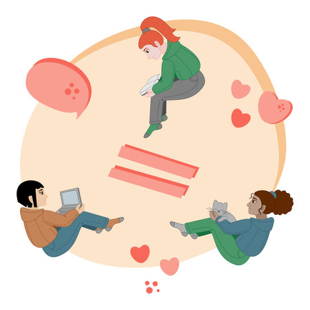 Square card with three girls of different races. Color vector illustration.のイラスト素材