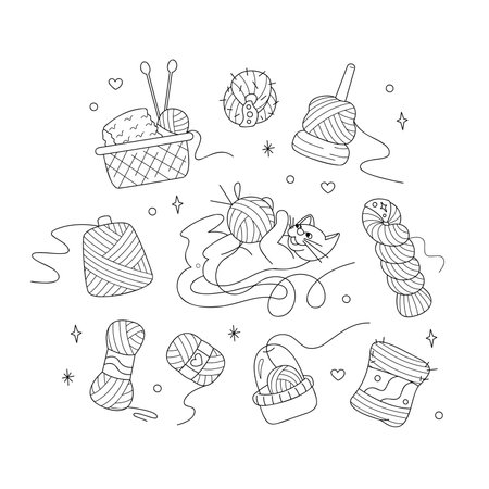 Set with cute cat, balls of yarn and containers. Doodle outline vector black and white illustration.のイラスト素材