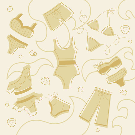 Set with different swimwear. Doodles clip art in pastel colors.のイラスト素材