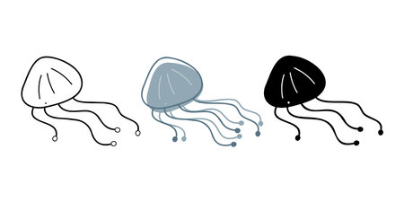 A small set with jellyfish in different colors. Doodle clip art for your projects.のイラスト素材