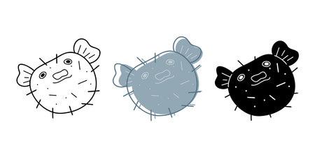 Set with fugu fish in different colors. Doodle clip art for your projects.のイラスト素材