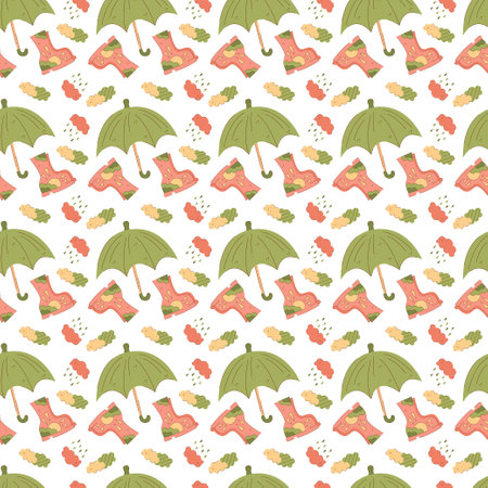 Seamless pattern with an umbrella, rubber boots and clouds. Suitable for wrapping paper.のイラスト素材