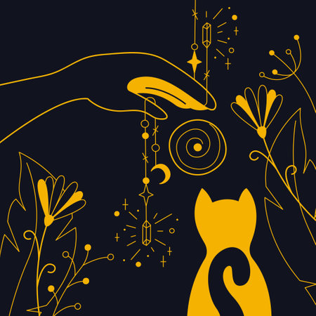 Mystical composition with ritual and cat color. Outline illustration.のイラスト素材