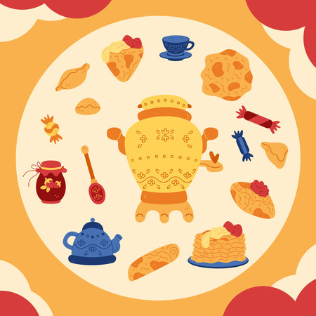 Tea party postcard with samovar. Hand drawn illustration for you projects.のイラスト素材