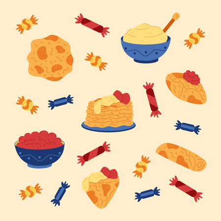 Pancakes and candies. Hand drawn illustration for you projects.のイラスト素材