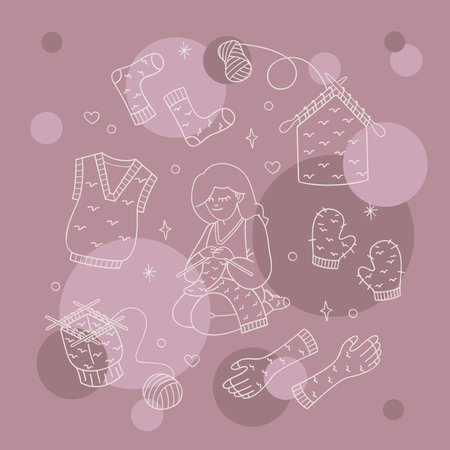 A set with a knitting girl and knitted clothes color. Outline illustration for your projects.&#xD;&#xA;のイラスト素材