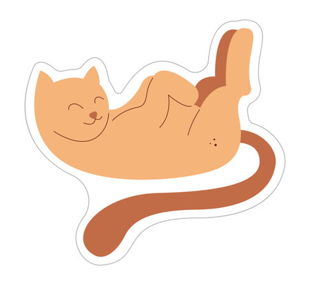 Sticker with a happy cat lying on its back. Color hand drawn clipart illustration.のイラスト素材