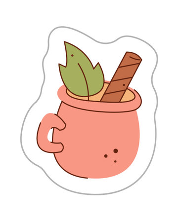 Sticker with mug of hot cocoa. Color hand drawn clipart illustration.のイラスト素材