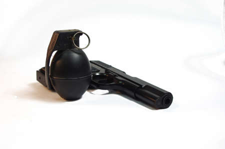 A hand Gun and Grenate set on a white background base の写真素材