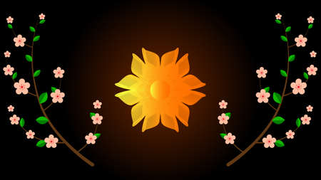 Abstract beautiful shinny gradient sunflower and two tree branches with flowers and leaf vector backgroundのイラスト素材