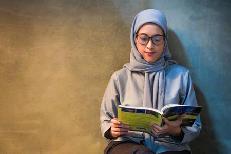 Nerdy islamic girl enjoying her time at the library. Nerdy  Smart girl at library concept