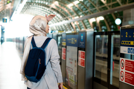 Asian muslim woman on subway train transit system public. Public transport concept