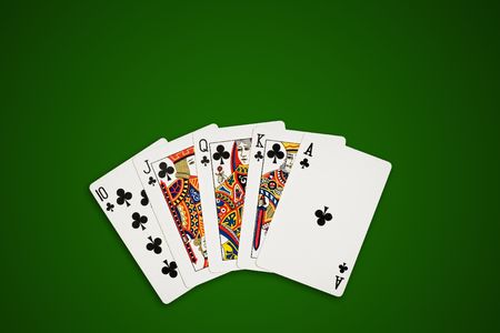 Rotyal flush, poker hand on green table. Clippin path excludes the shadow.のeditorial素材