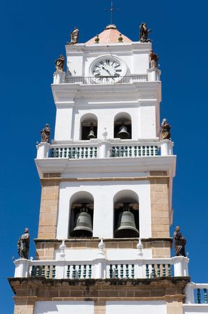 Old colonial church tower in the city of Sucre, Bolivia.の写真素材