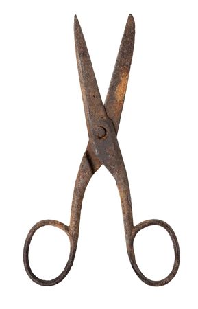 Old rusty metal scissors isolated on white background, の写真素材