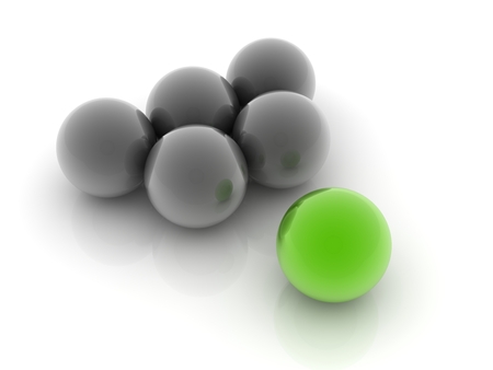 a green sphere placed observably in a group of gray spheres.の写真素材