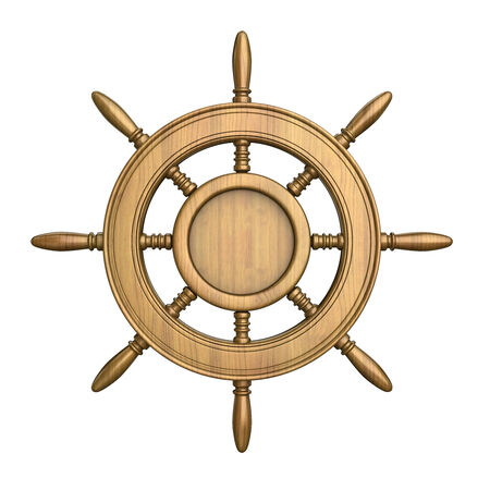 wood steering wheel on white background .の写真素材
