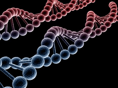 3d black dna model on dark backgroundの写真素材