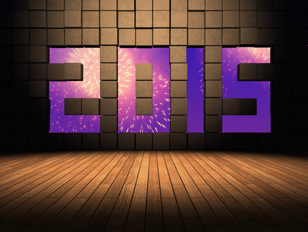 year number 2015 on cubes wall with wood floor.の写真素材