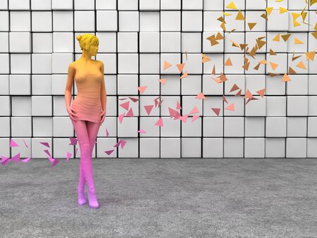 pink young girl standing in front of cubes wall.の写真素材