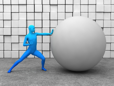 blue male attack a white sphere in front of cubes wall.の写真素材