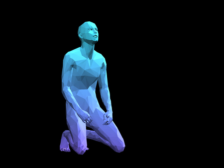 blue 3D abstract male body model kneeling on black background.の写真素材